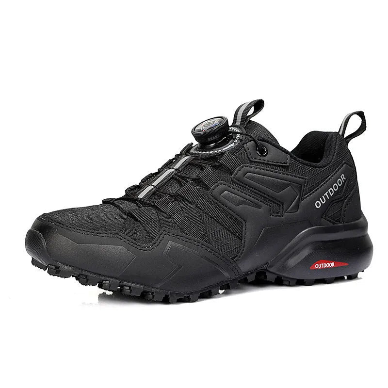 Men's beige lightweight hiking shoes with elastic band closure and rubber sole for outdoor sports.