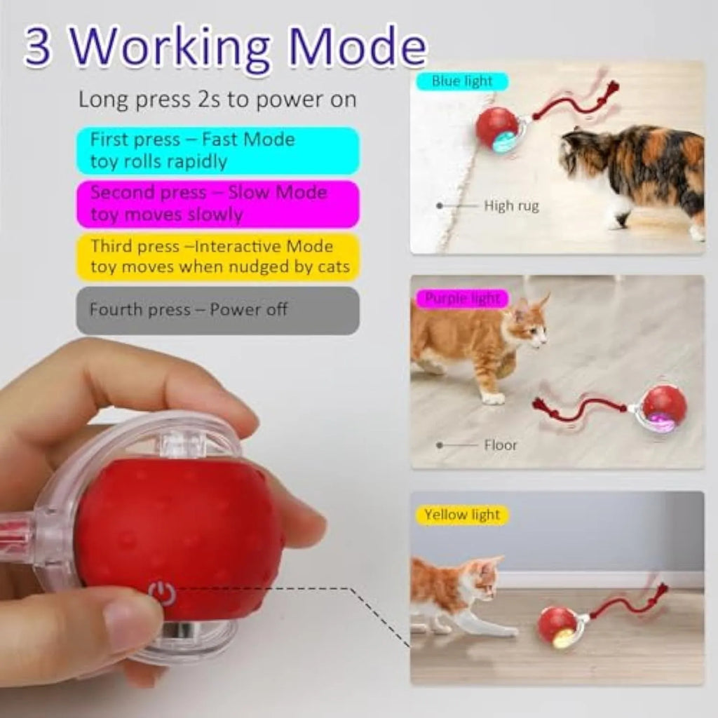Red interactive cat toy with motion activated chirping and rolling action on carpet for kittens and cats