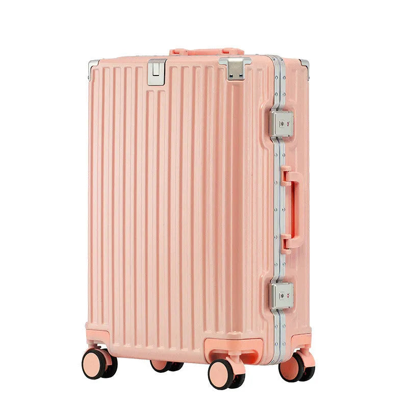 Hard-shell aluminium frame suitcase in avocado green with USB port and universal wheels.