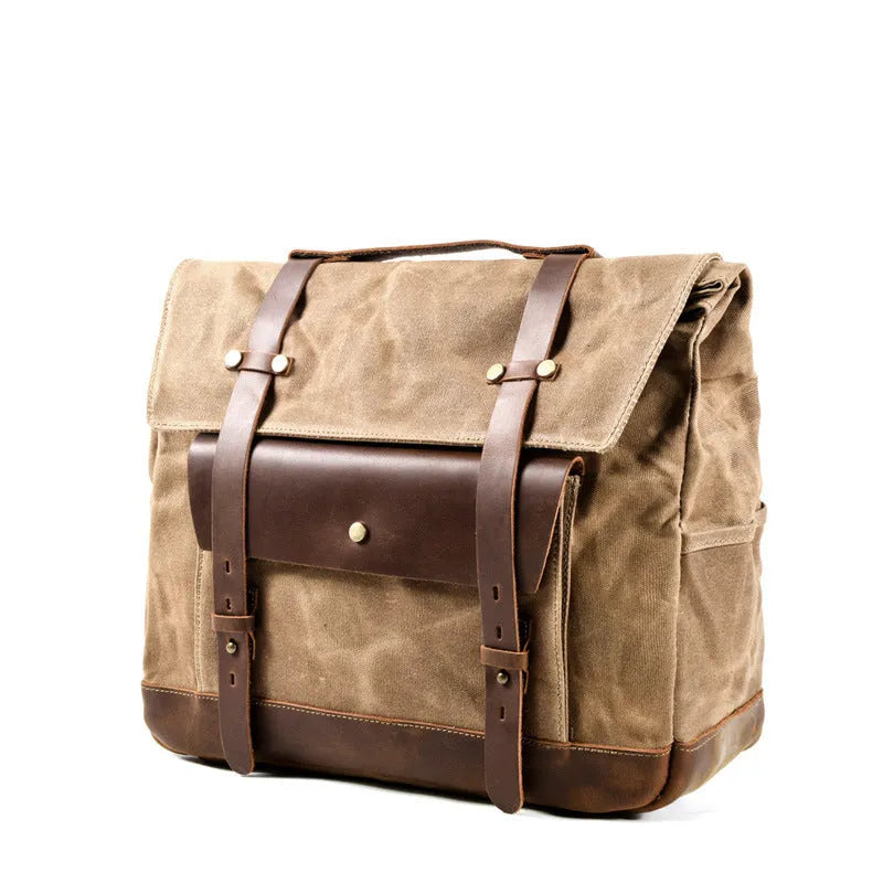 Camel Bag Knight cotton motorcycle helmet messenger bag with rivet details and internal organiser pockets.