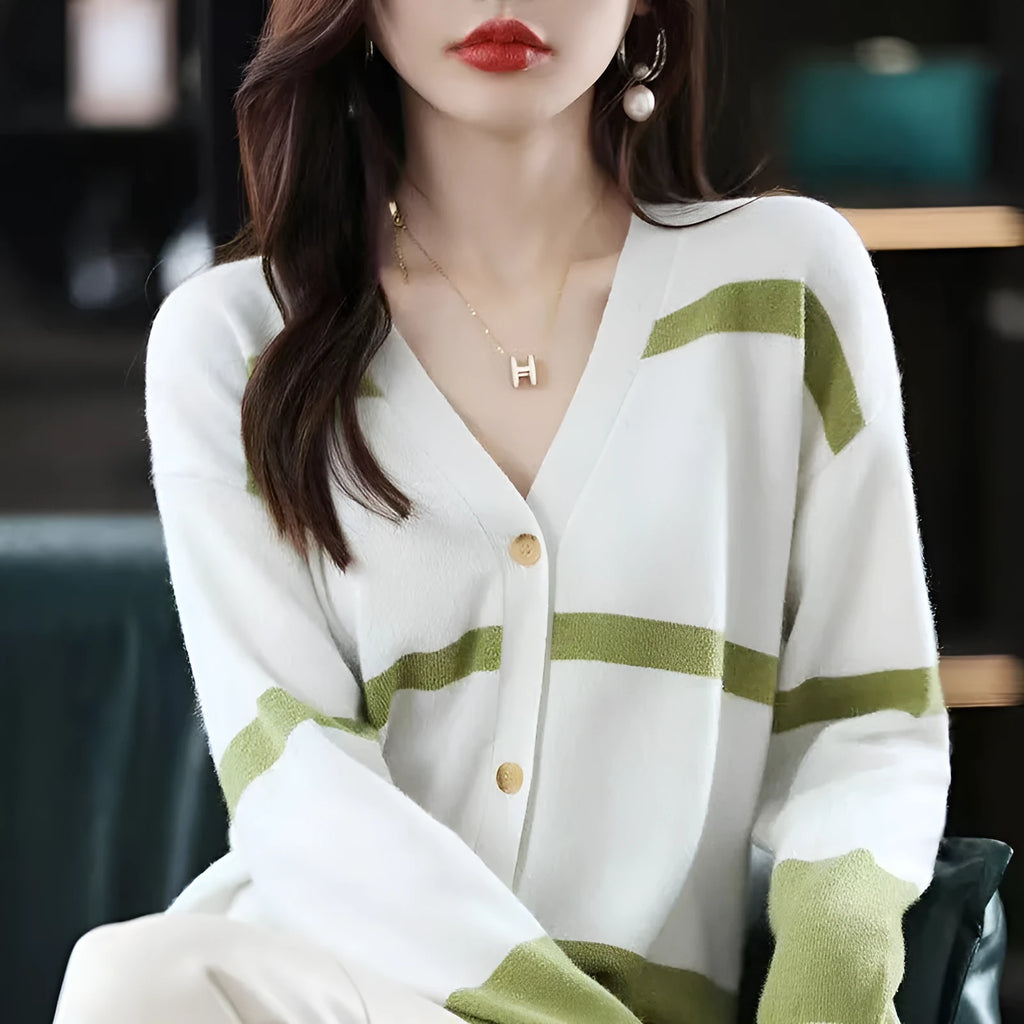 Women's V-neck striped knitted cardigan with 3D pattern in slim fit