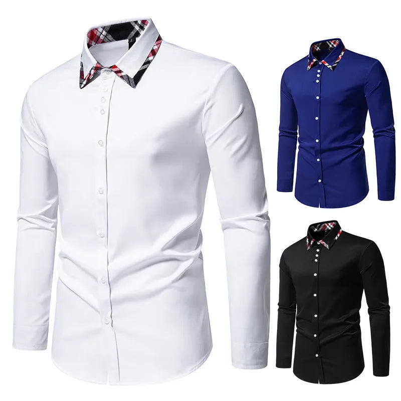 Men's long sleeve casual shirt with triangle collar and plaid pattern in polyester blend fabric