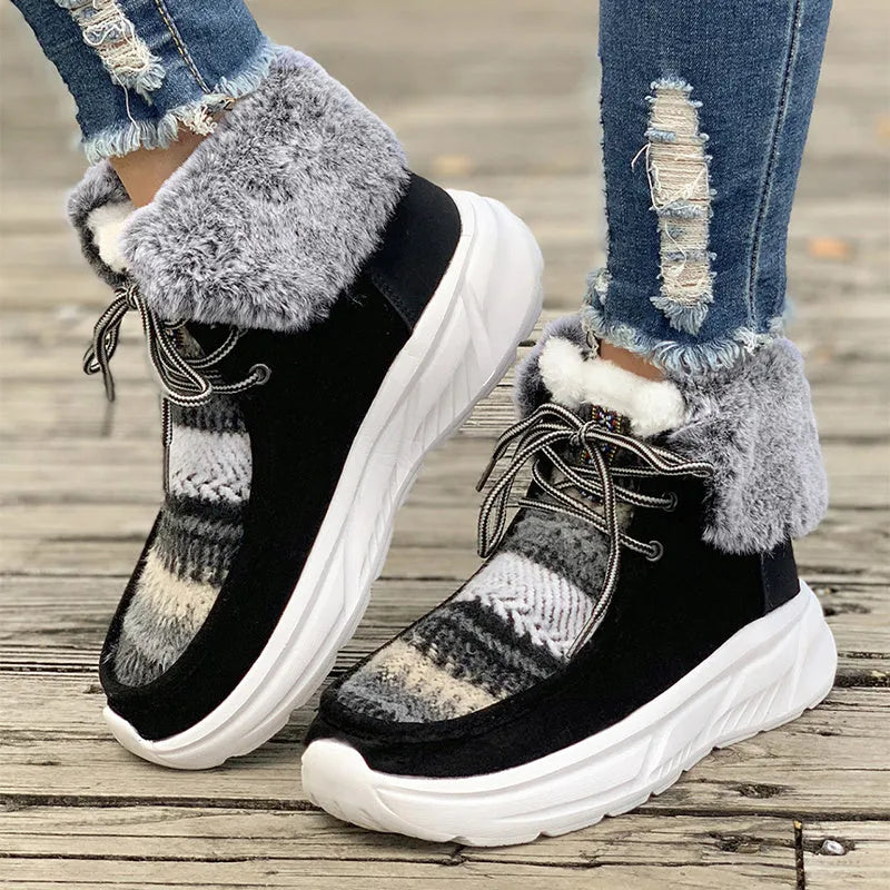 Women's beige lace-up snow boots with suede upper and thermal plush lining