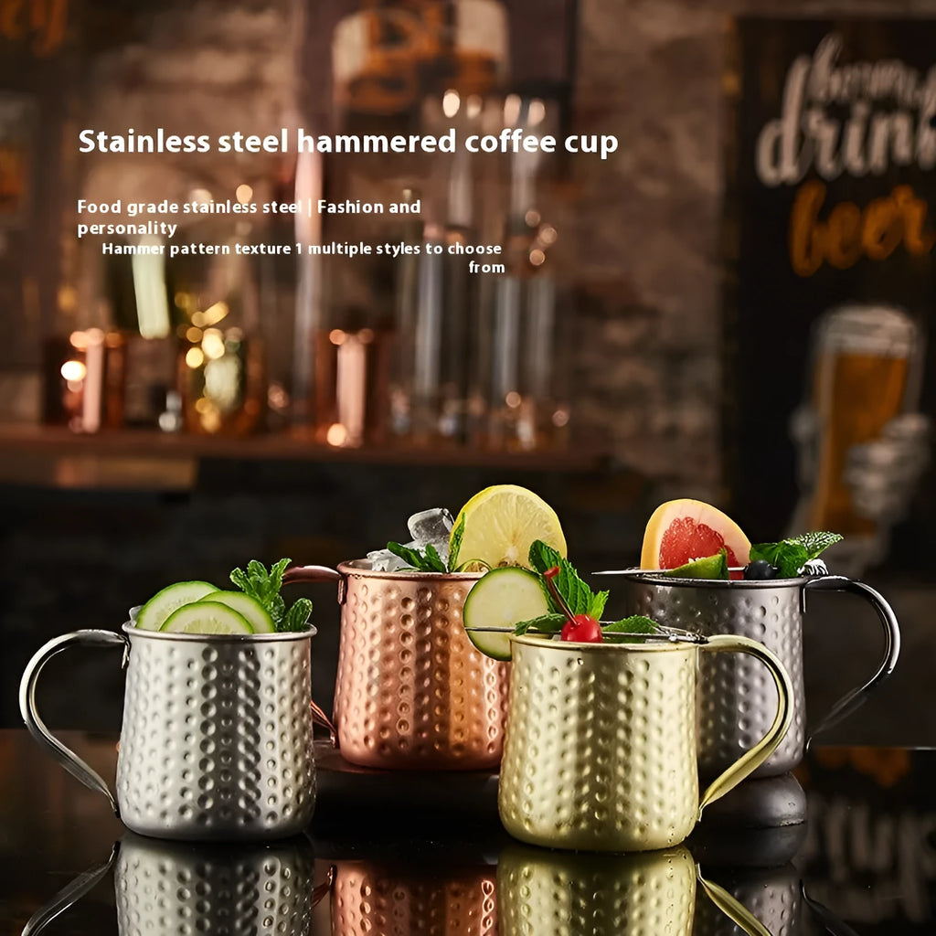 Stainless steel Moscow mule cup with copper plating in hammered and smooth styles, shown in different colours.