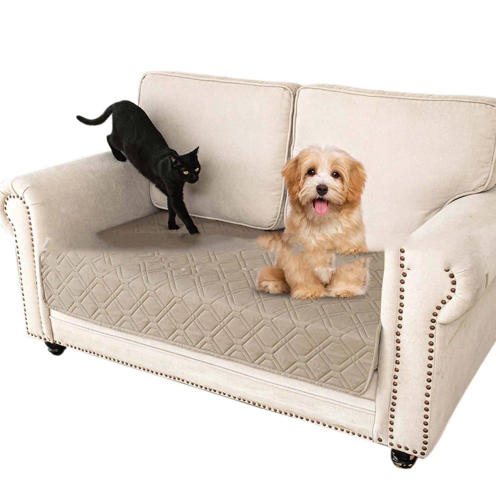 Double-sided waterproof dog sofa cushion in dark grey and light grey reversible colours on a sofa