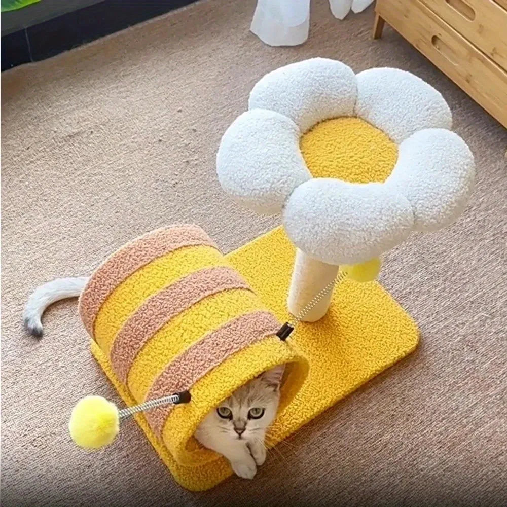 Yellow cat climbing frame with sisal scratching board and tunnel, dimensions 46x36x25cm