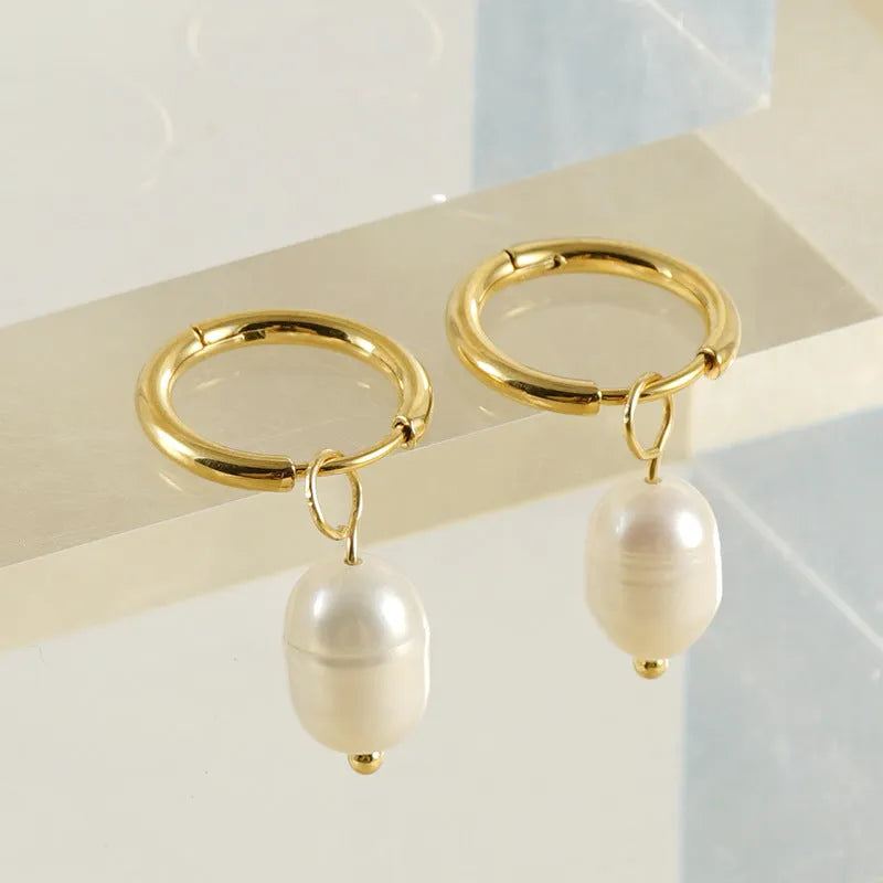 Gold geometric stainless steel earrings with freshwater pearls and titanium posts for women