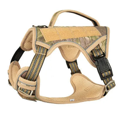 Tactical working dog chest strap harness made from black Oxford cloth, shown fitted on a dog.