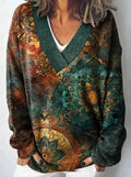 Women's V-neck long sleeve sweatshirt with a detailed 3D floral pattern print in a retro style.