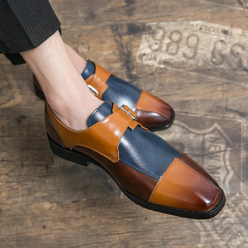 Men's British retro buckle casual shoes in black and brown blue with tall crown design