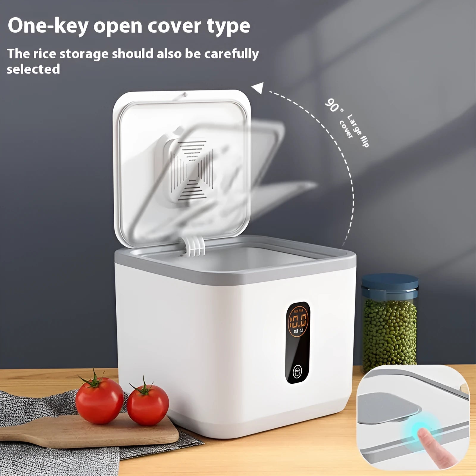 Grey plastic rice storage jar with lid and measuring cup in insect-proof moisture-proof design