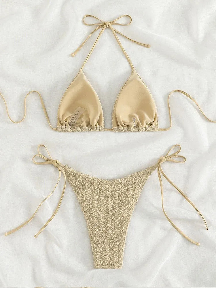 Women's high waist lace-up bikini swimsuit in polyester fabric showing front and back views