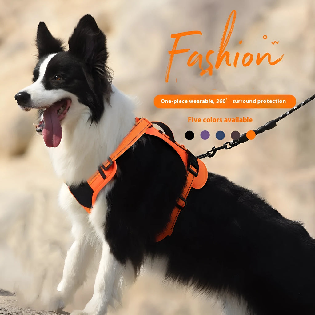 Orange reflective dog harness with an integrated black hand holding rope leash and explosion-proof breast strap.