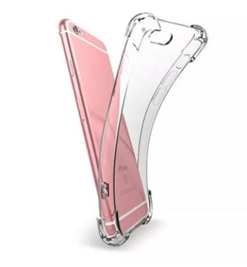 Clear transparent TPU shockproof protective back cover case for iPhone on a table.