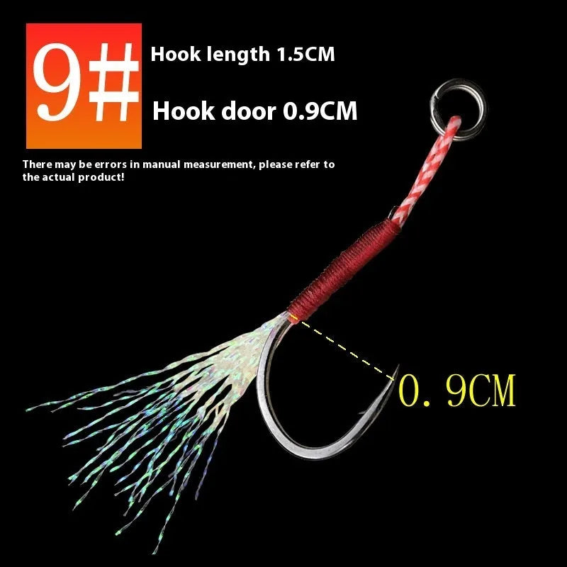 Bright wire iron plate single fishing hook for sea fishing, shown in multiple sizes.