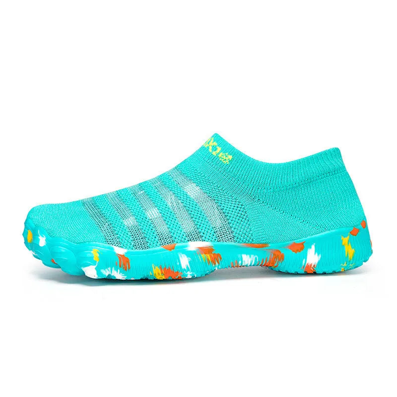 Women's camouflage Flyknit water shoes with lace-up front and rubber sole.