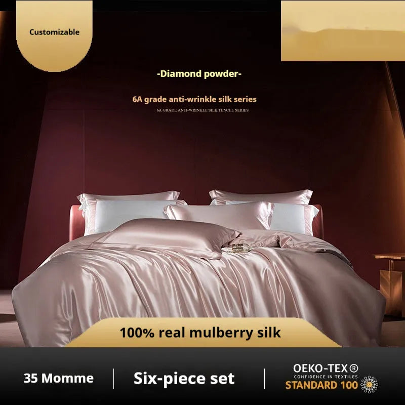Solid colour silk four-piece quilt cover set shown in a light luxury bedroom setting.
