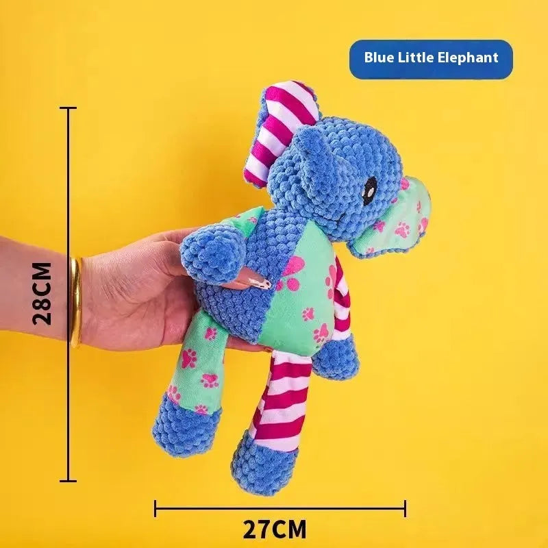 Plush bite-resistant dog toy in blue elephant style for puppies and chewers.
