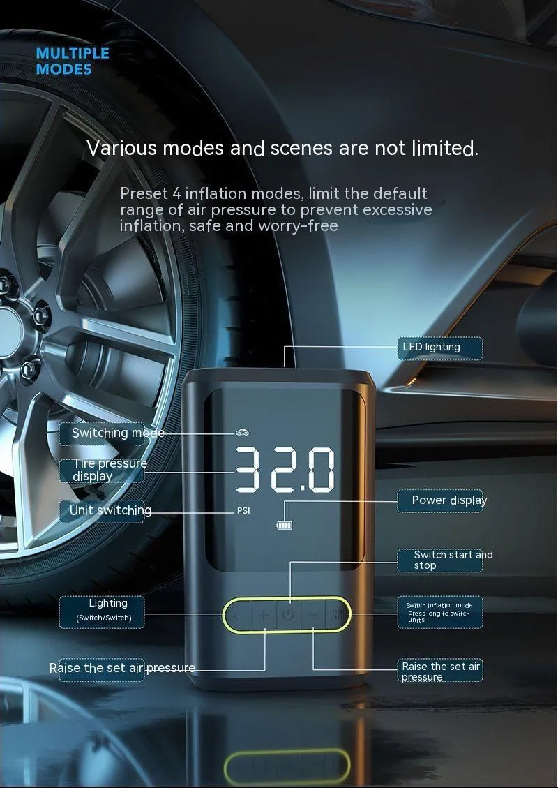 Handheld wireless digital display car tyre inflator with LED light and connection cables