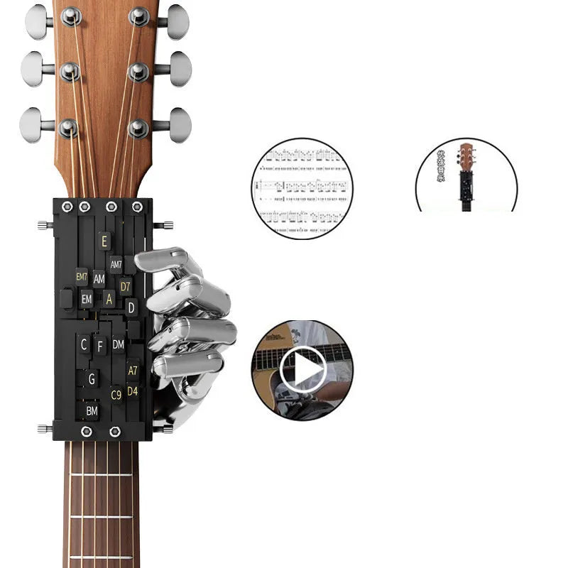 Black automatic chord changing device mounted on folk guitar neck for novice practice