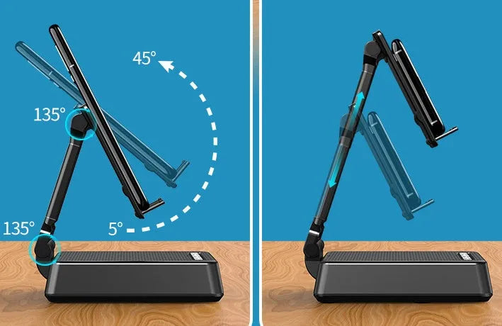 Black mobile phone broadcaster stand with Bluetooth speaker and HD microphone for live streaming desk use