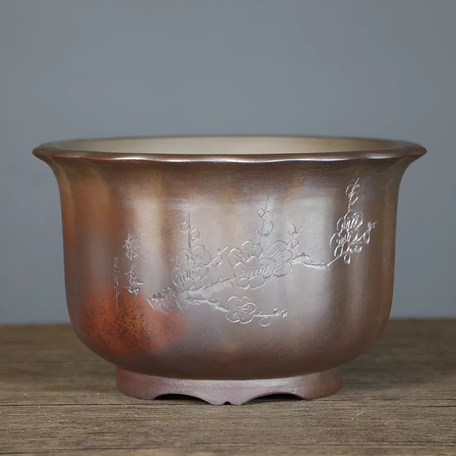 Antique carved ceramic flower pot with wood burning finish for indoor bonsai display