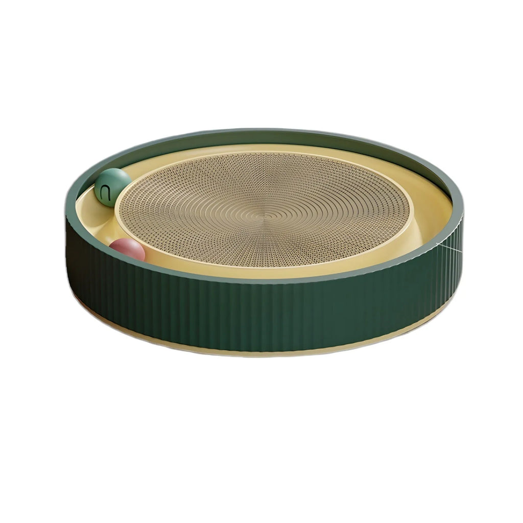 Large circular green and white cat scratching board with bell balls and a refillable cardboard core.