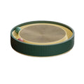 Large circular green and white cat scratching board with bell balls and a refillable cardboard core.