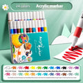 Box of multicoloured acrylic marker pens for student painting, showing plastic pen casings.