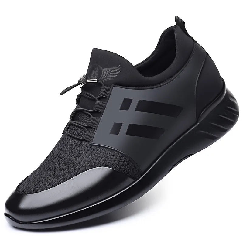 Black men's casual height increasing shoes with a chunky heel and round toe, shown in leather, mesh, and Lycra material options.