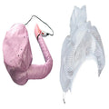 Hair dryer bonnet hood in pink or silver with drawstring and elastic tube end for fitting to a hair dryer.