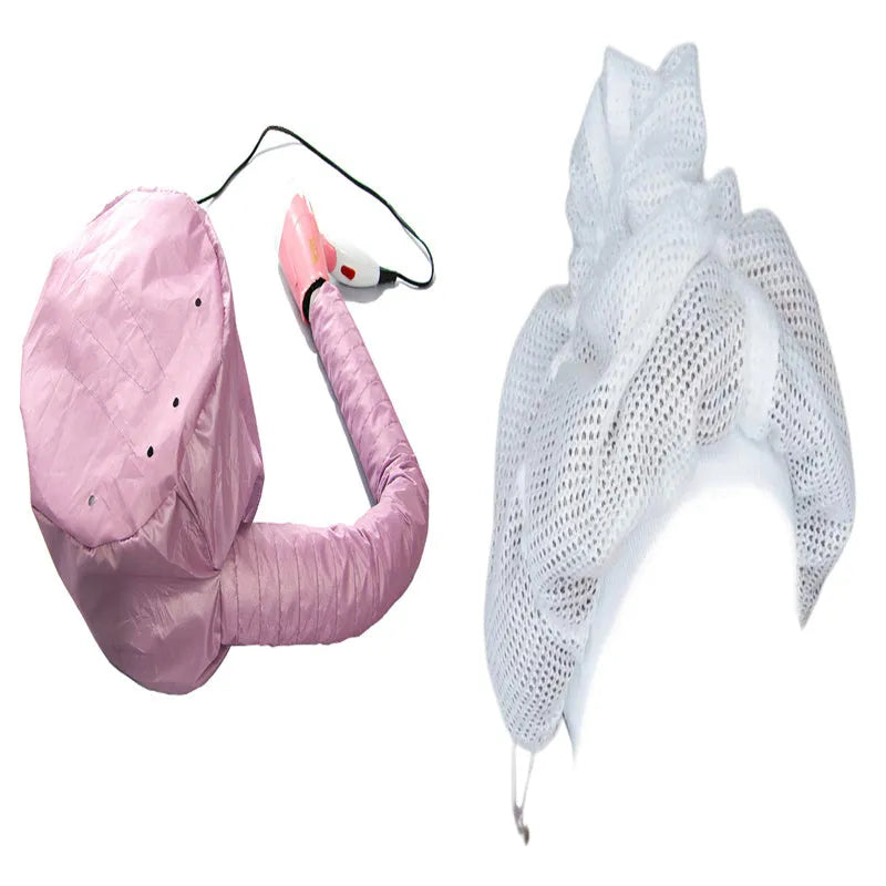 Hair dryer bonnet hood in pink or silver with drawstring and elastic tube end for fitting to a hair dryer.