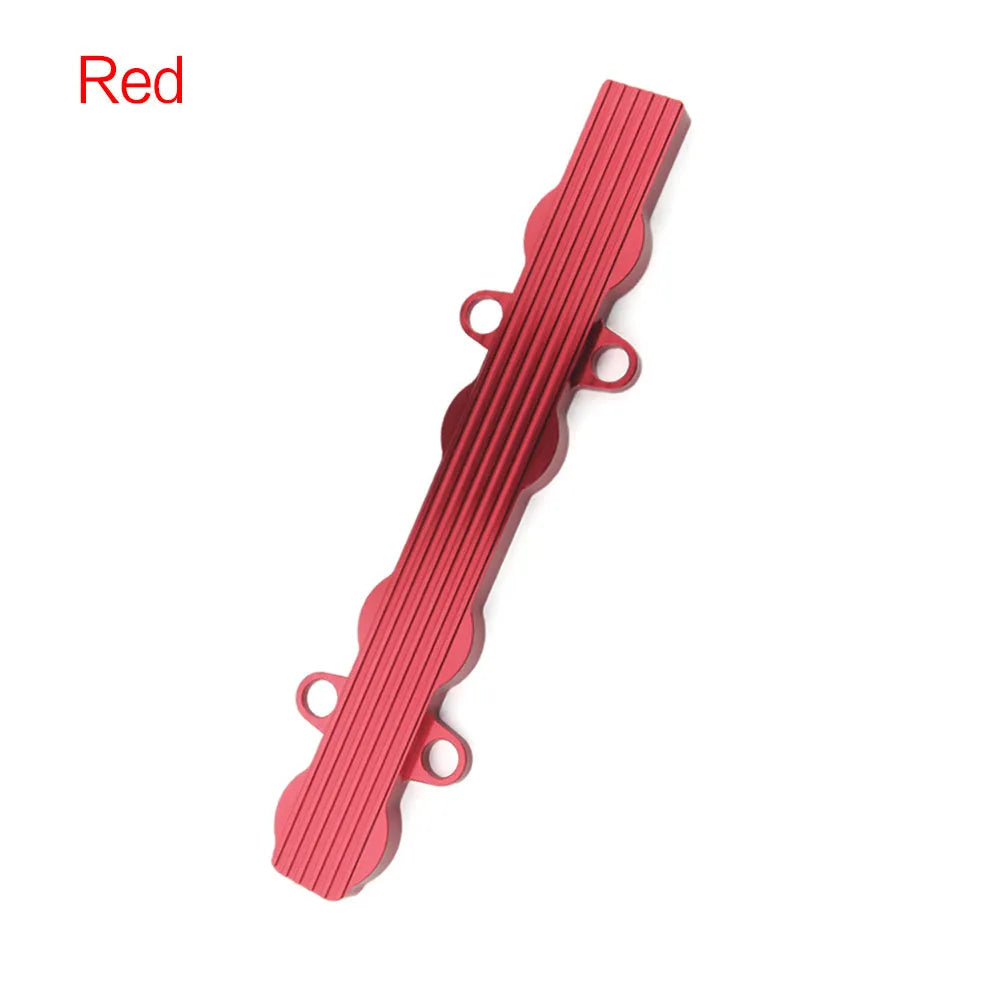 Aluminium engine harness cover in blue, red, or silver, shown with and without mounting holes.