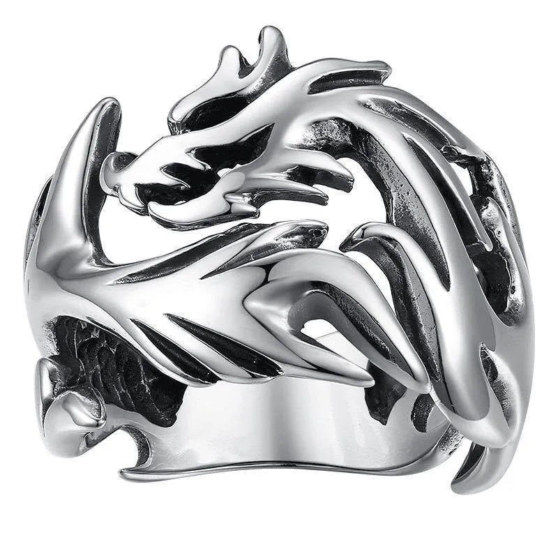 Chinese dragon pattern ring with adjustable opening in antique silver blue and green colour
