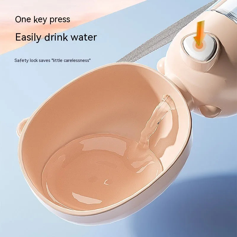 Portable dog water bottle and feeder in brown colour with attached food container.