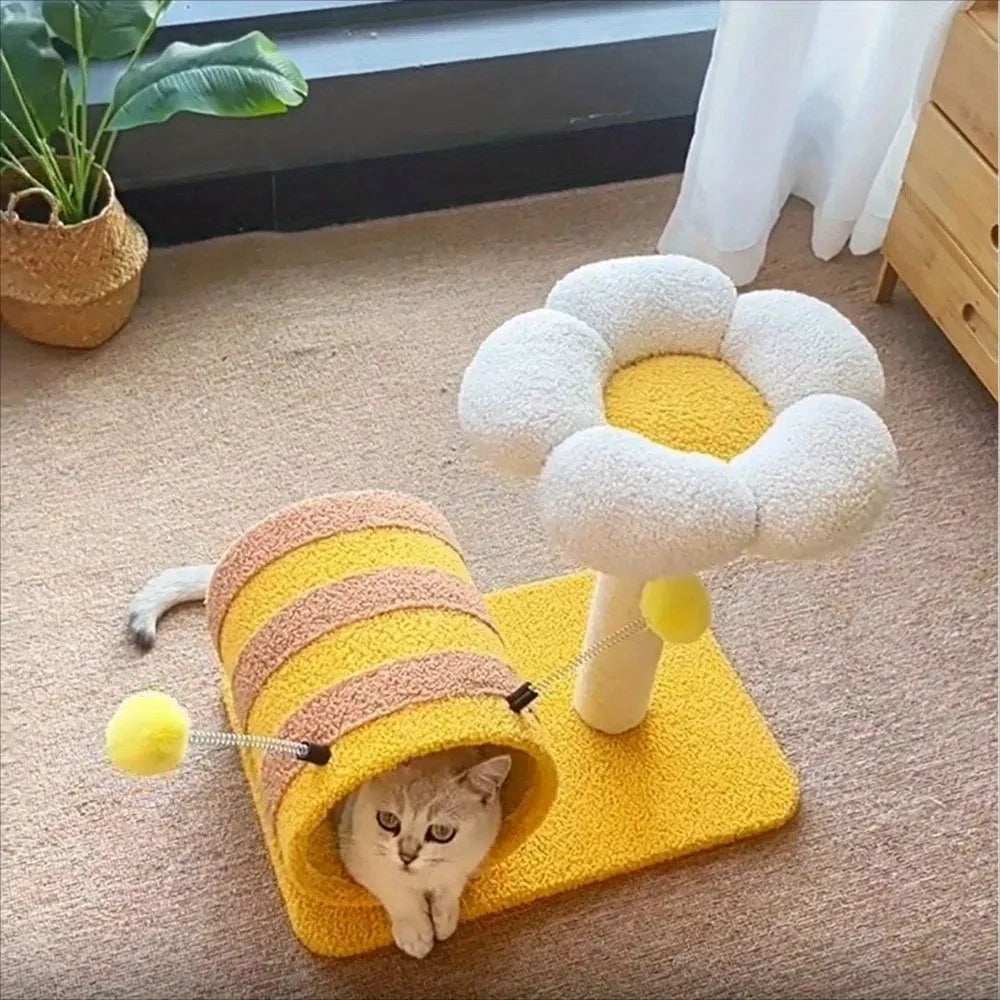 Yellow cat climbing frame with sisal scratching board and tunnel, dimensions 46x36x25cm