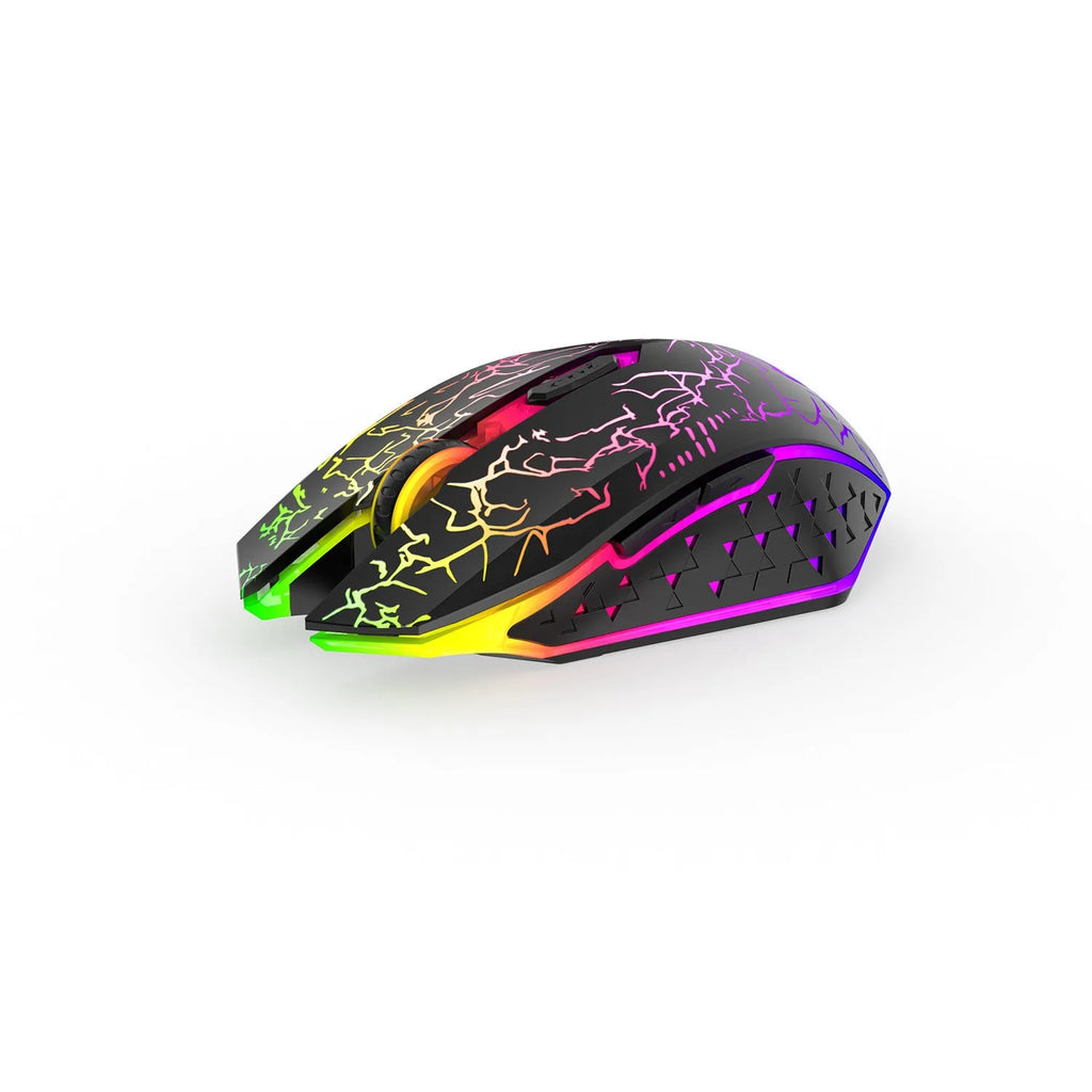 Black and white wireless gaming mouse with luminous breathing light on desktop