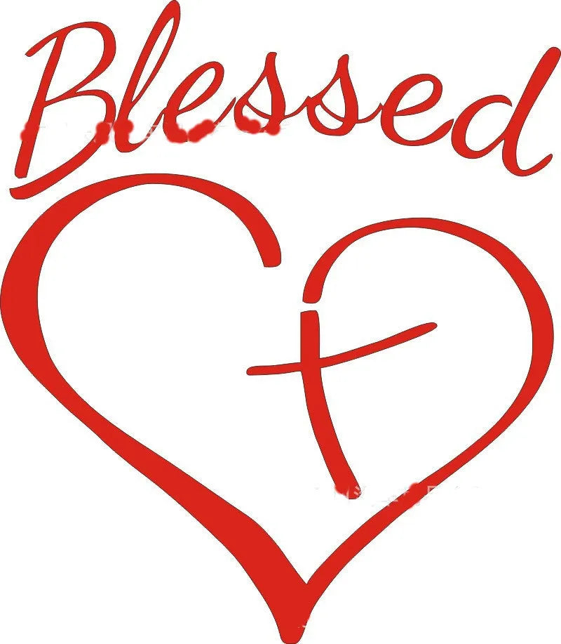 Faith Hope Love words inside a heart shape on a black, white, or red vinyl sticker measuring 14 by 11.5 cm.