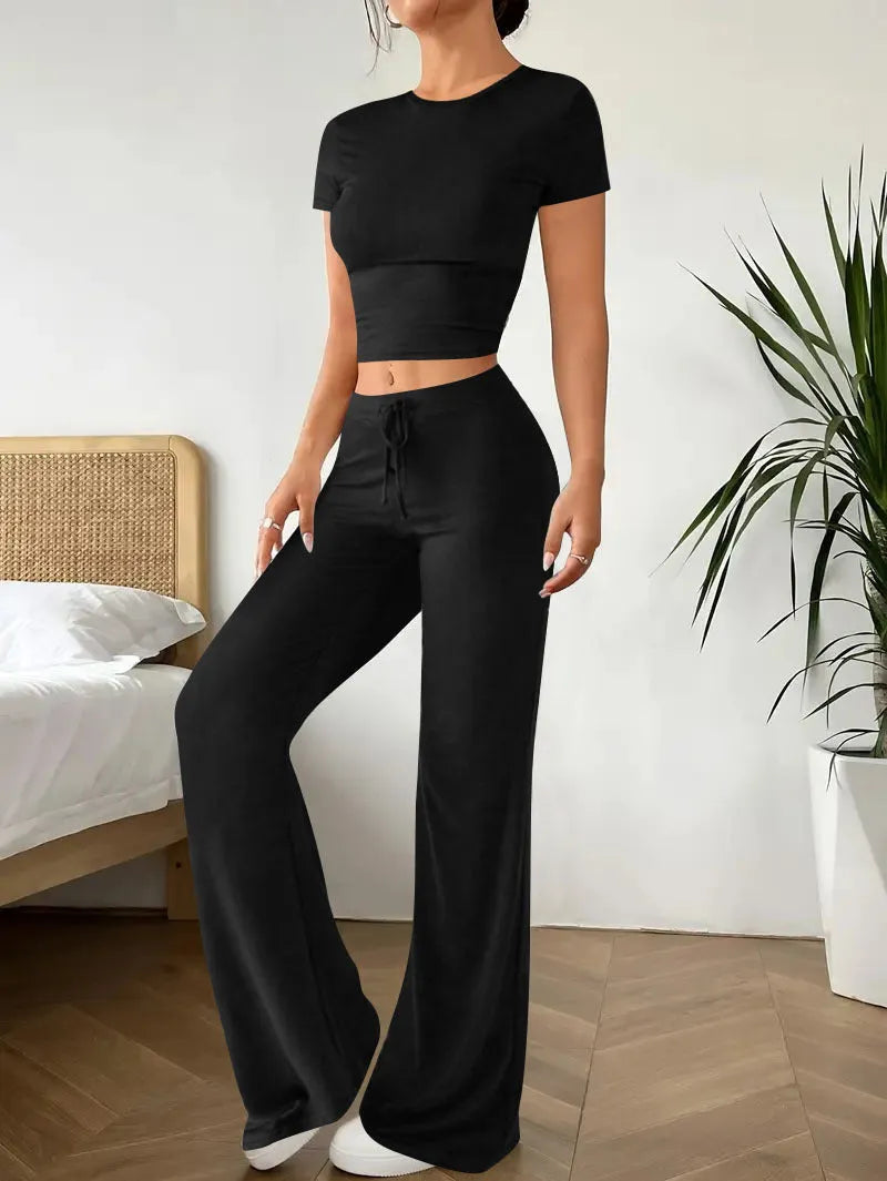 Black high-waist trousers and short-sleeve t-shirt polyester suit set displayed together