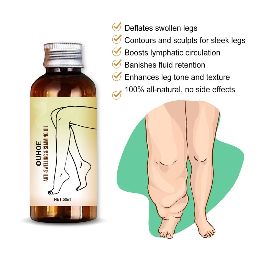 50ml bottle of moisturising body oil with cassia seed and ginger extract for skin care and leg massage.