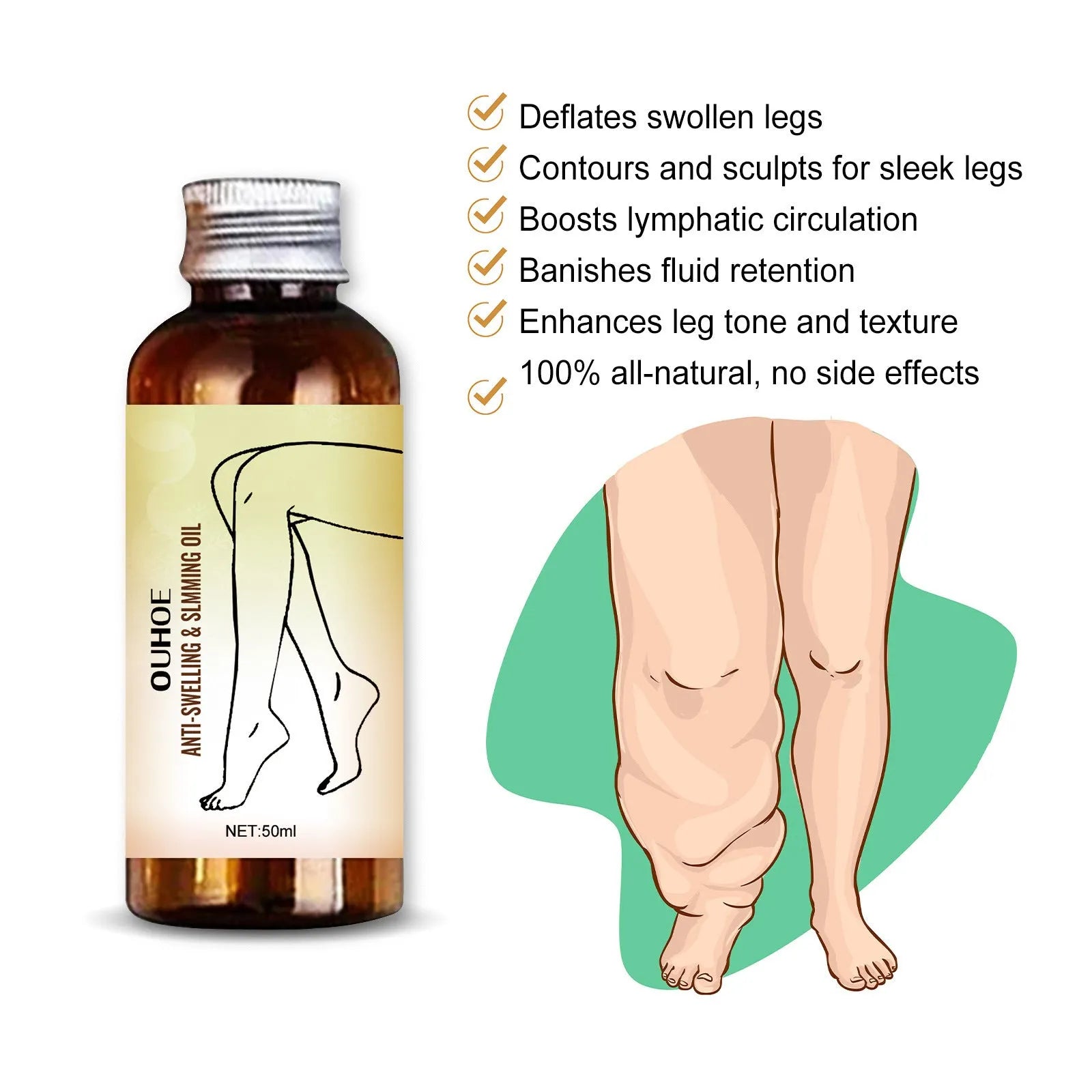 50ml bottle of moisturising body oil with cassia seed and ginger extract for skin care and leg massage.