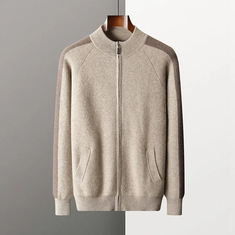 Men's cashmere wool blend cardigan suit with half turtleneck and trousers in winter colours