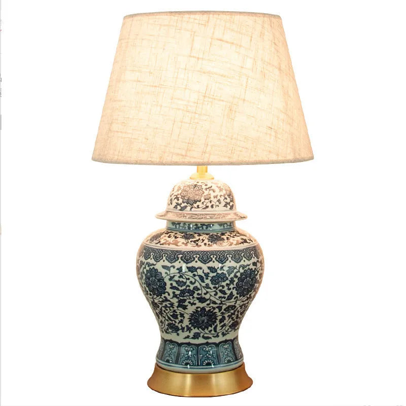Chinese blue and white porcelain table lamp with handmade ceramic shade and copper base