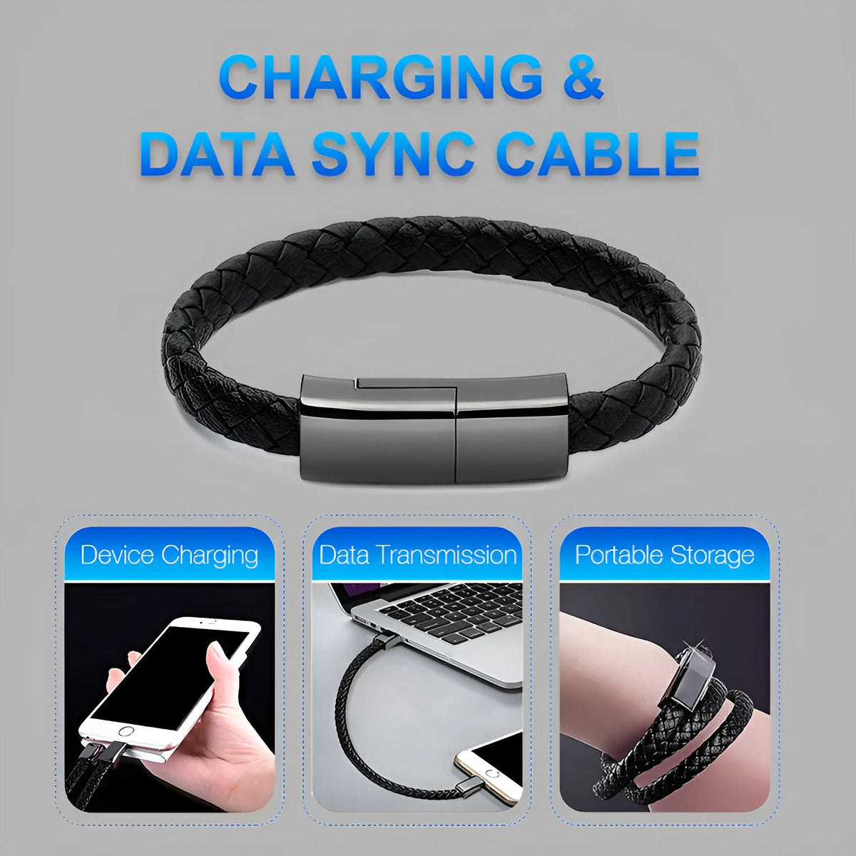 Black braided PU leather bracelet charger USB data cable with zinc alloy joints, 20cm or 22.5cm
