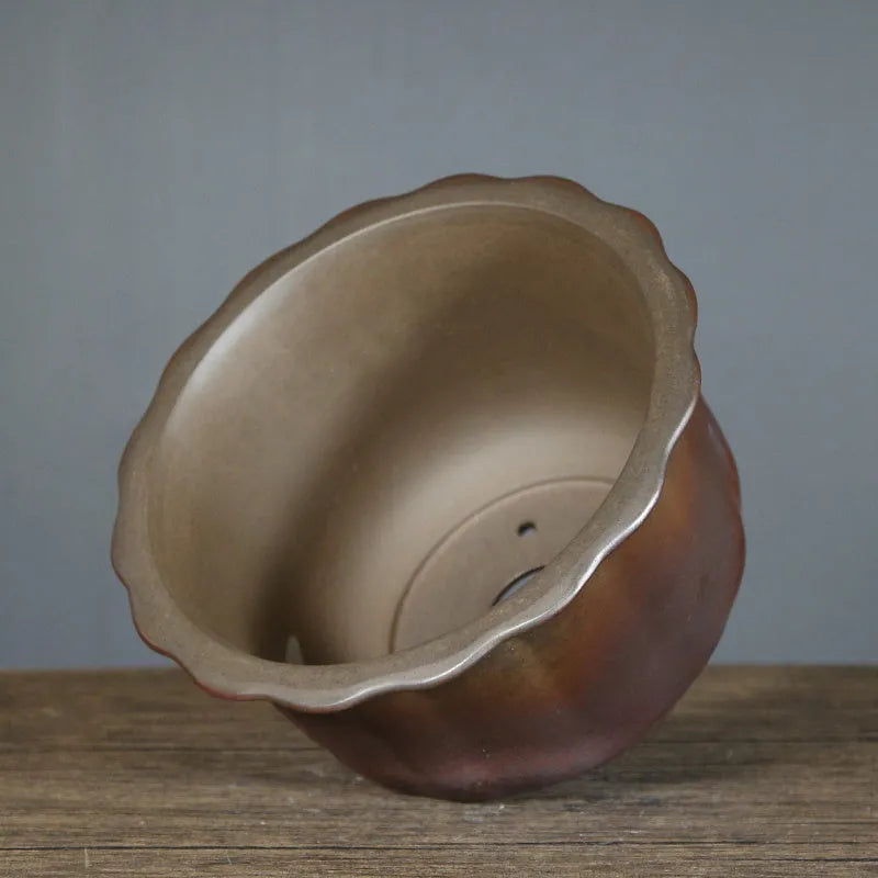 Antique carved ceramic flower pot with wood burning finish for indoor bonsai display