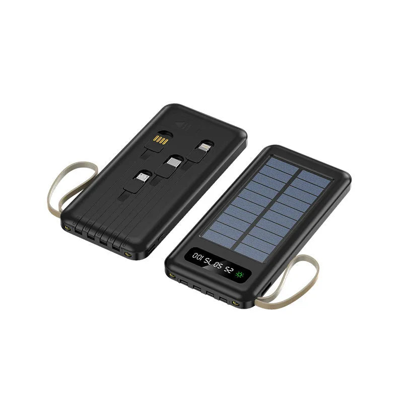 Solar power bank in black or white with capacity display showing 20000mAh or 30000mAh options