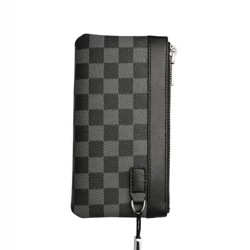 Black leather plaid men's clutch wallet showing first layer cowhide material and 20cm x 10cm dimensions