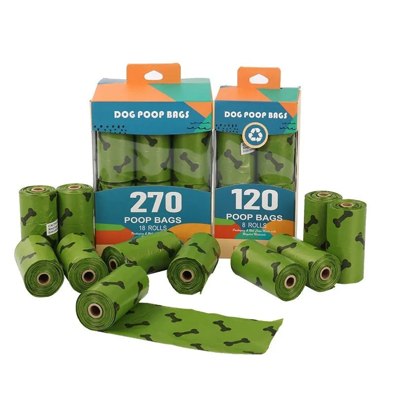 Military green degradable dog waste bags with black bone print measuring 23 by 33 centimetres