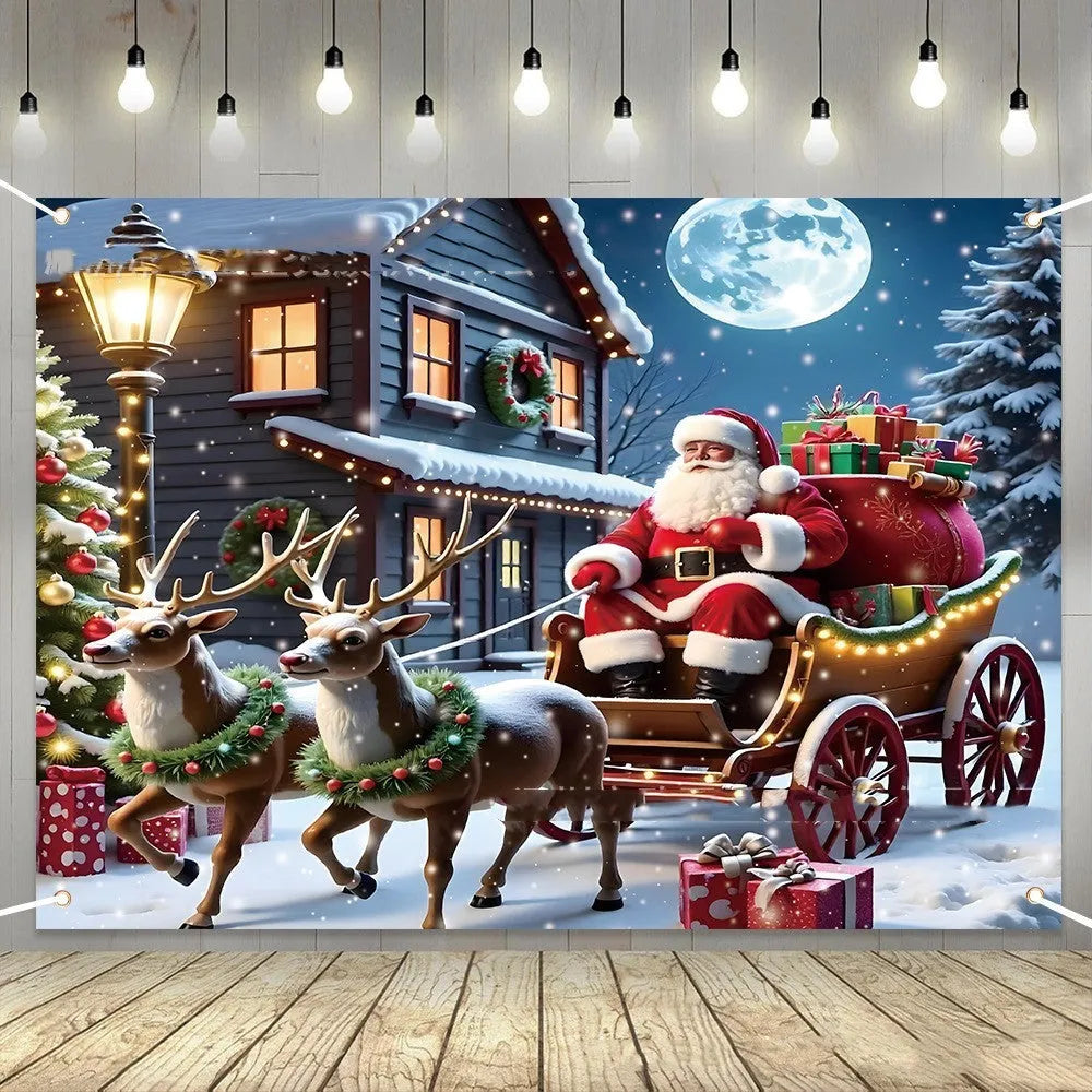 Red Christmas banner with Santa Claus and gift designs measuring 210cm wide by 150cm high