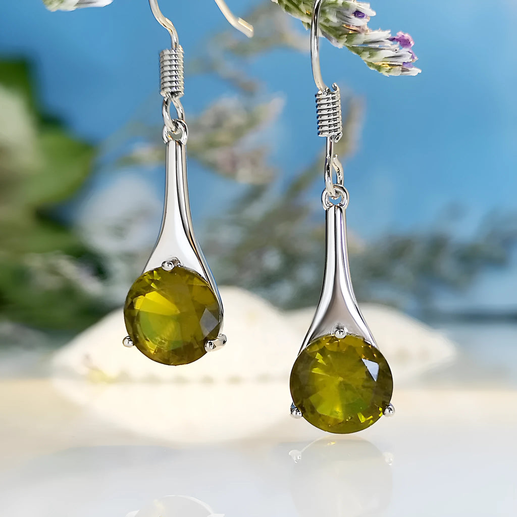 Olive green topaz drop earrings with water drop shape and gold electroplated finish